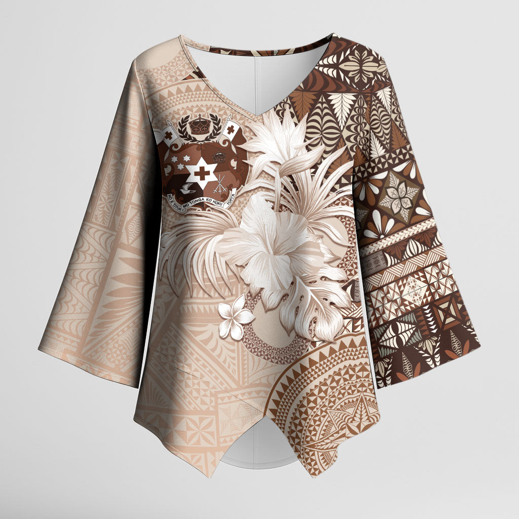 Tonga Ngatu Motifs Kimono Sleeve Blouse With Coat Of Arms Beige