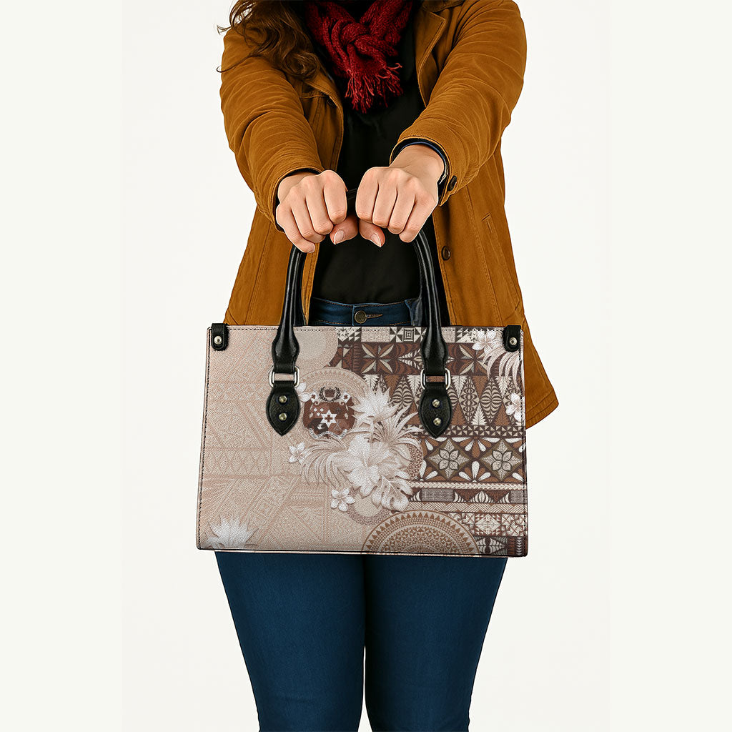 Tonga Ngatu Motifs Leather Bag With Coat Of Arms Beige