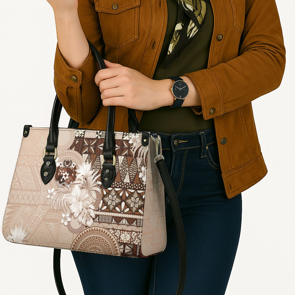 Tonga Ngatu Motifs Leather Bag With Coat Of Arms Beige