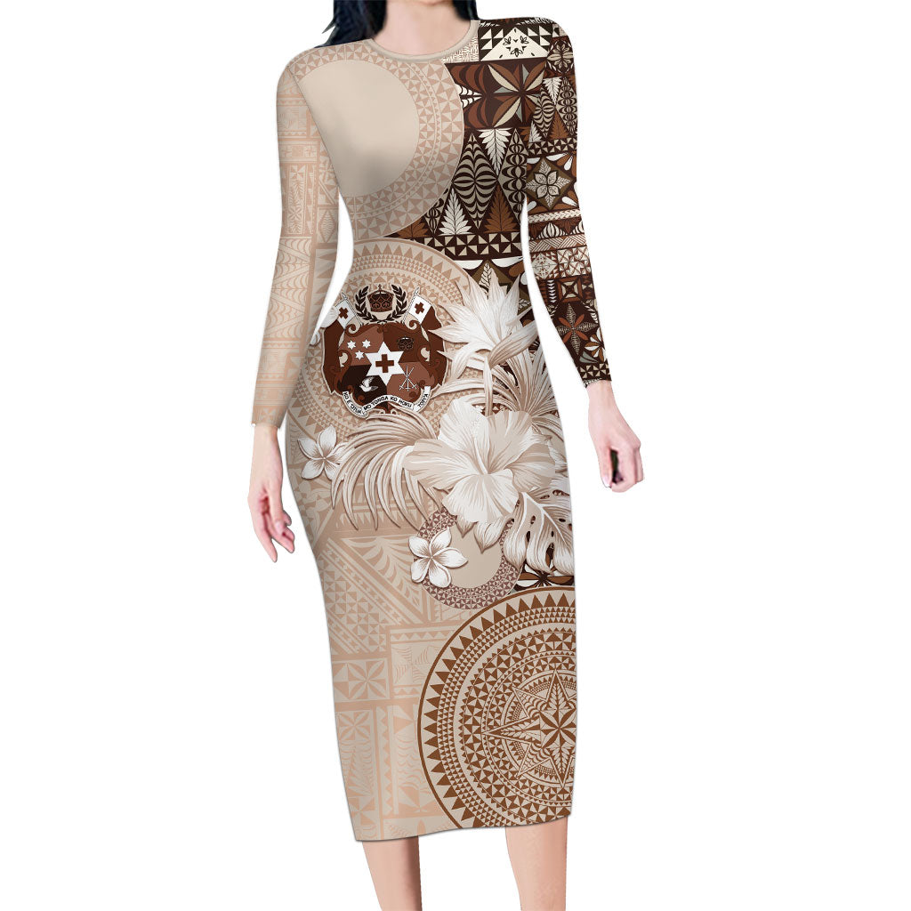 Tonga Ngatu Motifs Long Sleeve Bodycon Dress With Coat Of Arms Beige