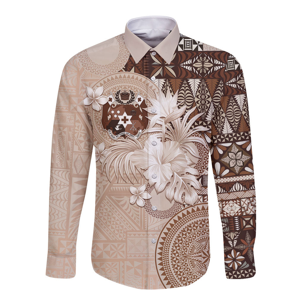 Tonga Ngatu Motifs Long Sleeve Button Shirt With Coat Of Arms Beige