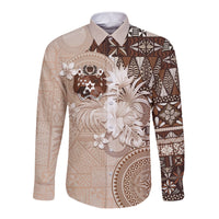 Tonga Ngatu Motifs Long Sleeve Button Shirt With Coat Of Arms Beige