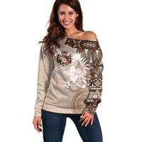 Tonga Ngatu Motifs Off Shoulder Sweater With Coat Of Arms Beige