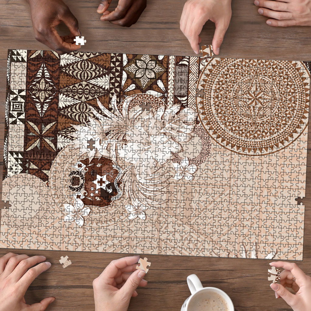 Tonga Ngatu Motifs Puzzle With Coat Of Arms Beige