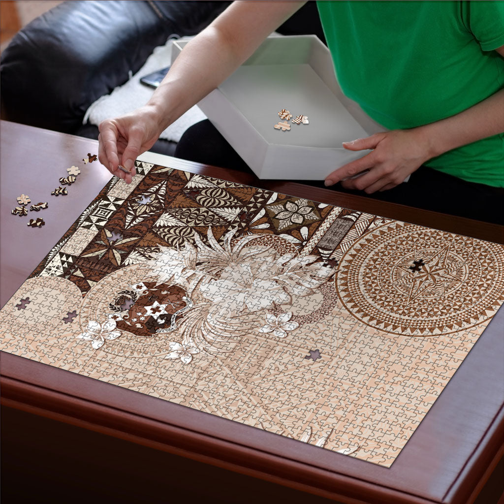 Tonga Ngatu Motifs Puzzle With Coat Of Arms Beige