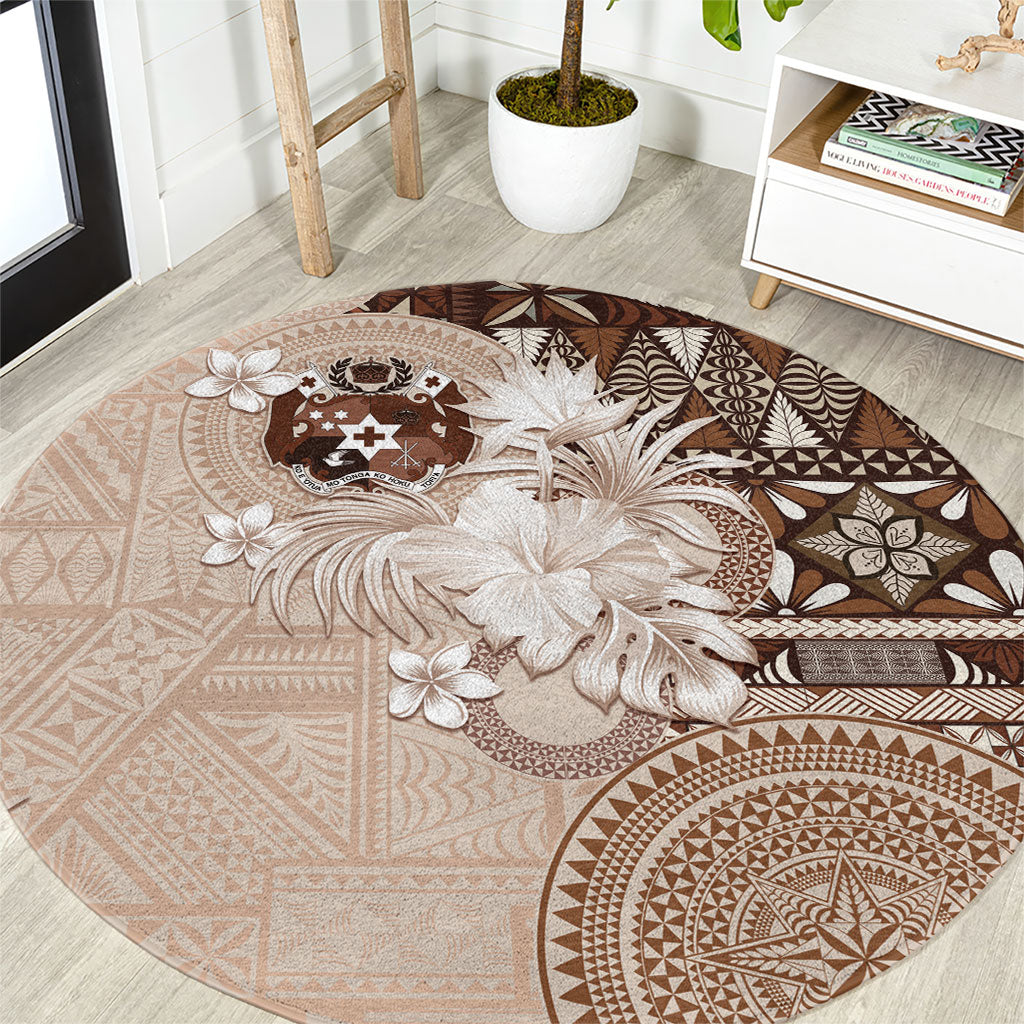 Tonga Ngatu Motifs Round Carpet With Coat Of Arms Beige