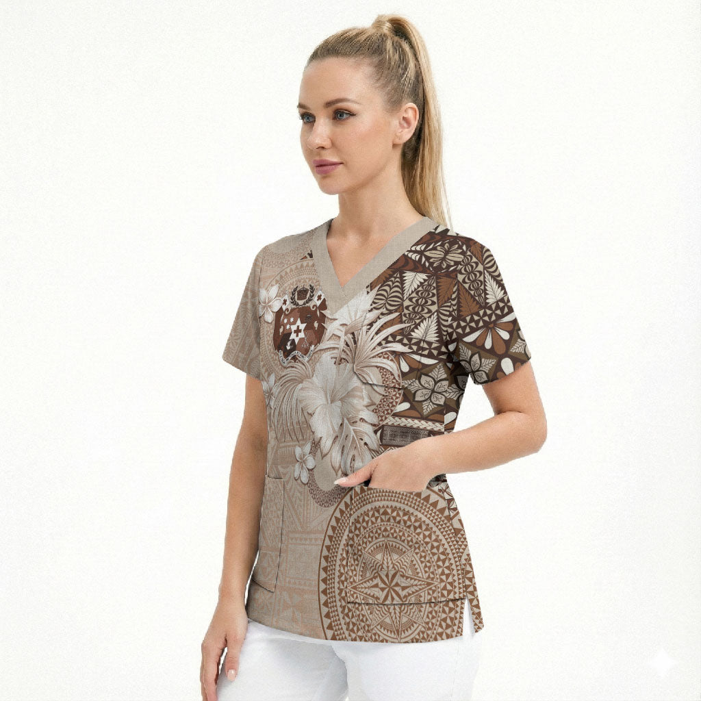 Tonga Ngatu Motifs Scrub Top With Coat Of Arms Beige