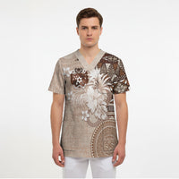 Tonga Ngatu Motifs Scrub Top With Coat Of Arms Beige