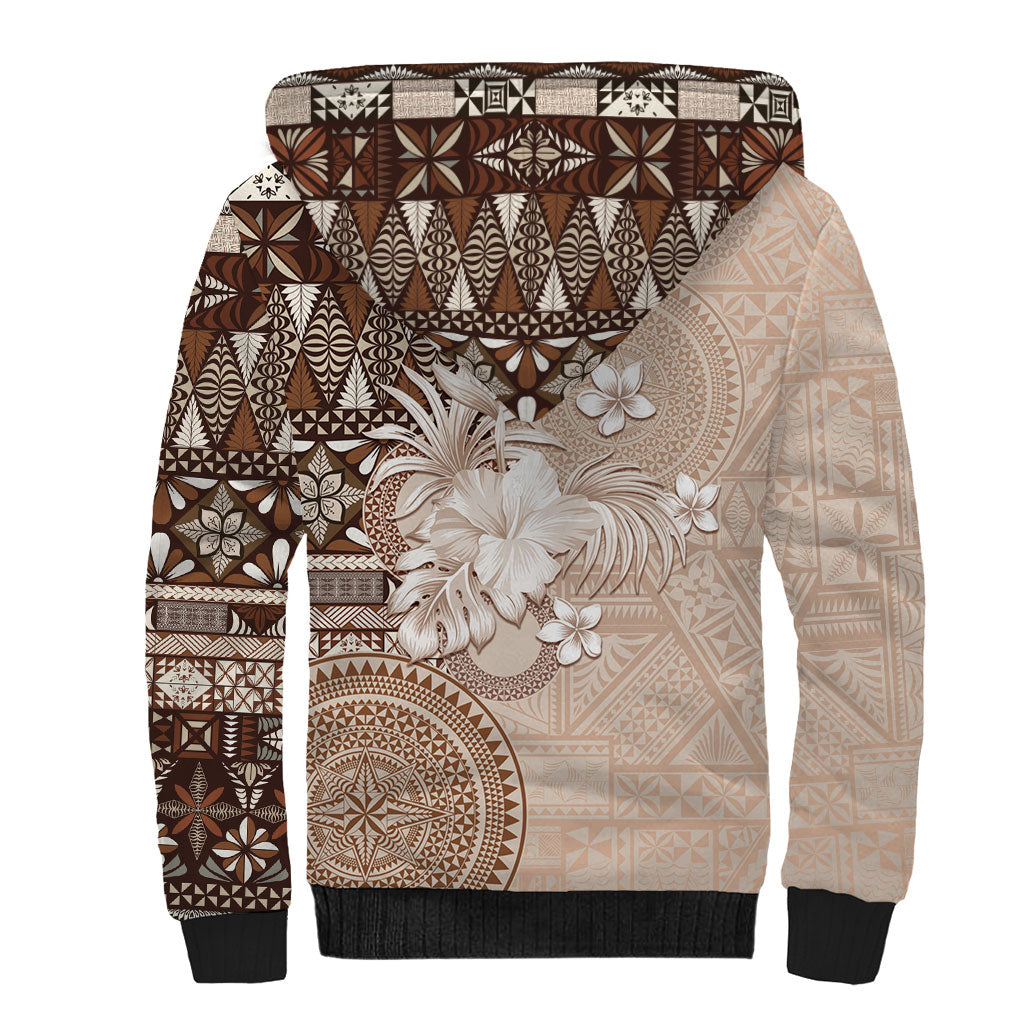 Tonga Ngatu Motifs Sherpa Hoodie With Coat Of Arms Beige