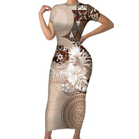 Tonga Ngatu Motifs Short Sleeve Bodycon Dress With Coat Of Arms Beige LT05 Long Dress Beige - Polynesian Pride