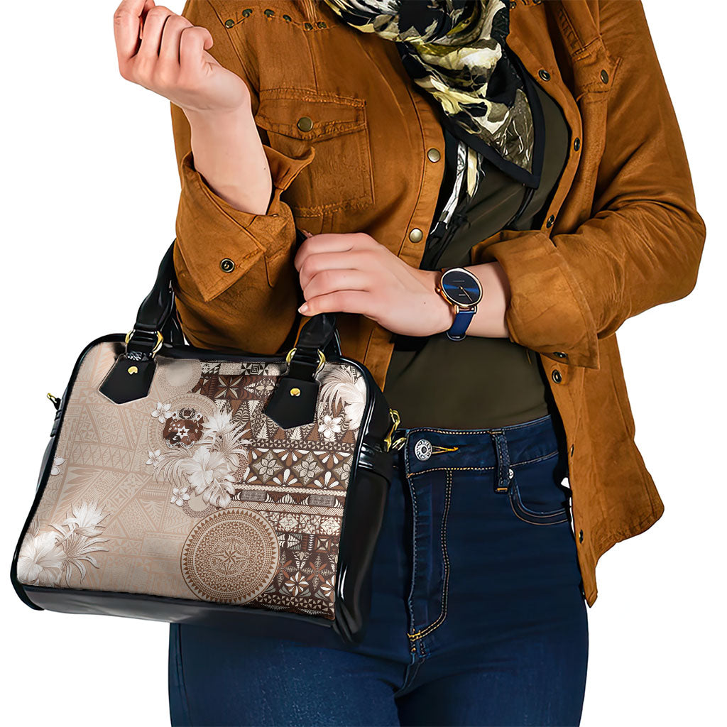Tonga Ngatu Motifs Shoulder Handbag With Coat Of Arms Beige