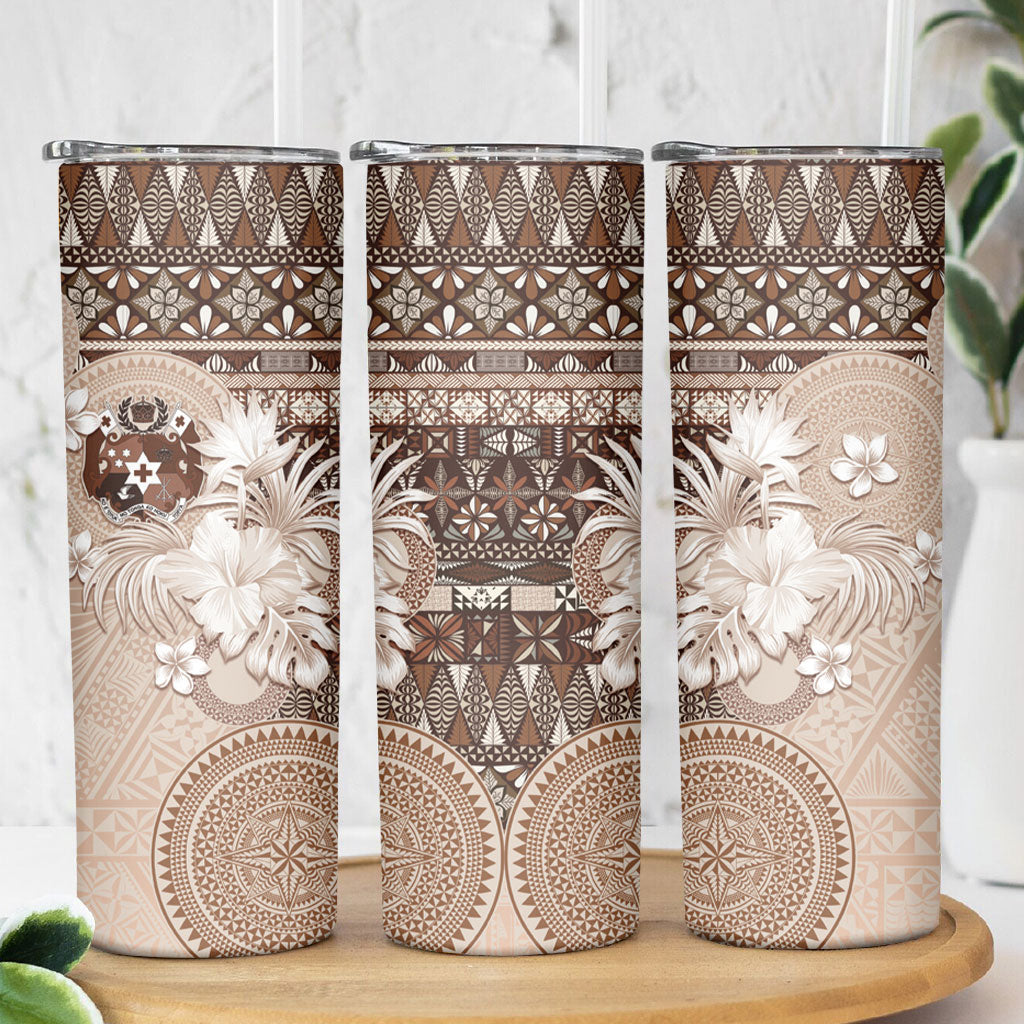 Tonga Ngatu Motifs Skinny Tumbler With Coat Of Arms Beige