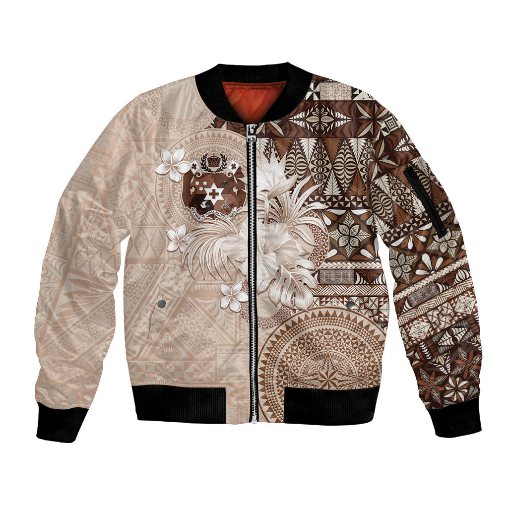 Tonga Ngatu Motifs Sleeve Zip Bomber Jacket With Coat Of Arms Beige LT05 Unisex Beige - Polynesian Pride