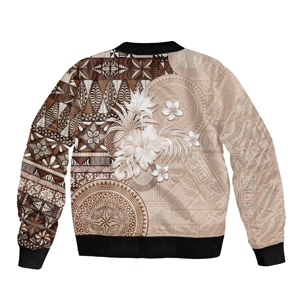 Tonga Ngatu Motifs Sleeve Zip Bomber Jacket With Coat Of Arms Beige LT05 - Polynesian Pride