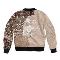 Tonga Ngatu Motifs Sleeve Zip Bomber Jacket With Coat Of Arms Beige LT05 - Polynesian Pride