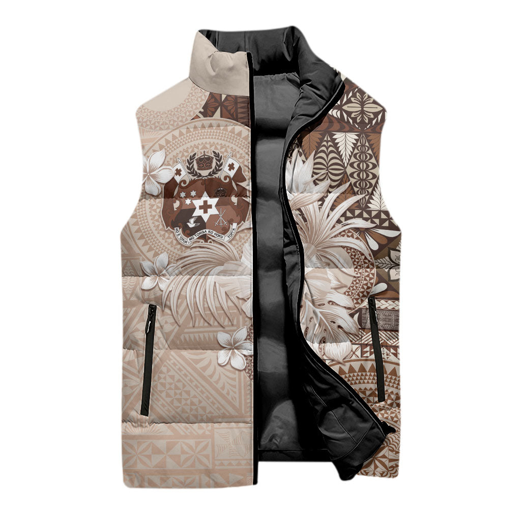 Tonga Ngatu Motifs Sleeveless Puffer Jacket With Coat Of Arms Beige