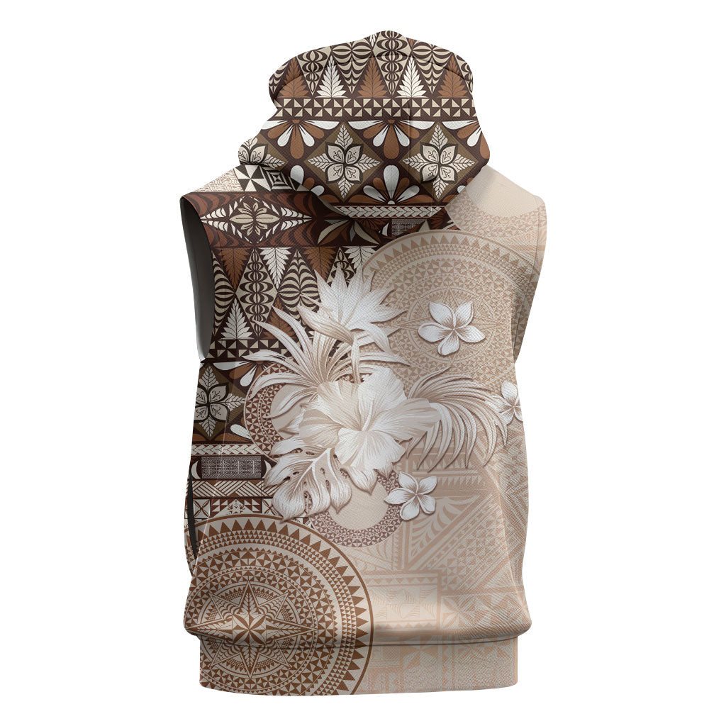 Tonga Ngatu Motifs Sleeveless Zip Hoodie With Coat Of Arms Beige