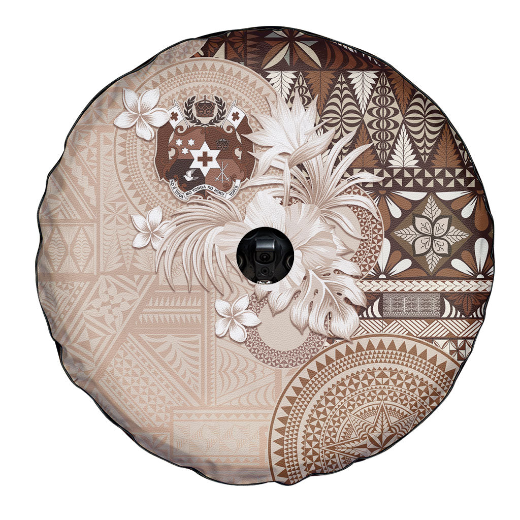Tonga Ngatu Motifs Spare Tire Cover With Coat Of Arms Beige