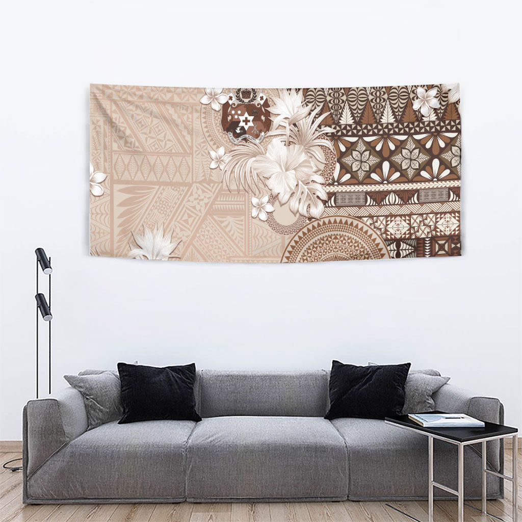 Tonga Ngatu Motifs Tapestry With Coat Of Arms Beige