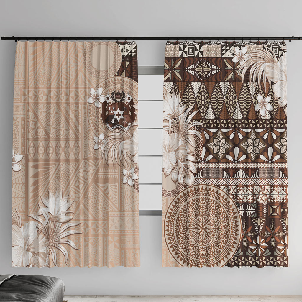 Tonga Ngatu Motifs Window Curtain With Coat Of Arms Beige