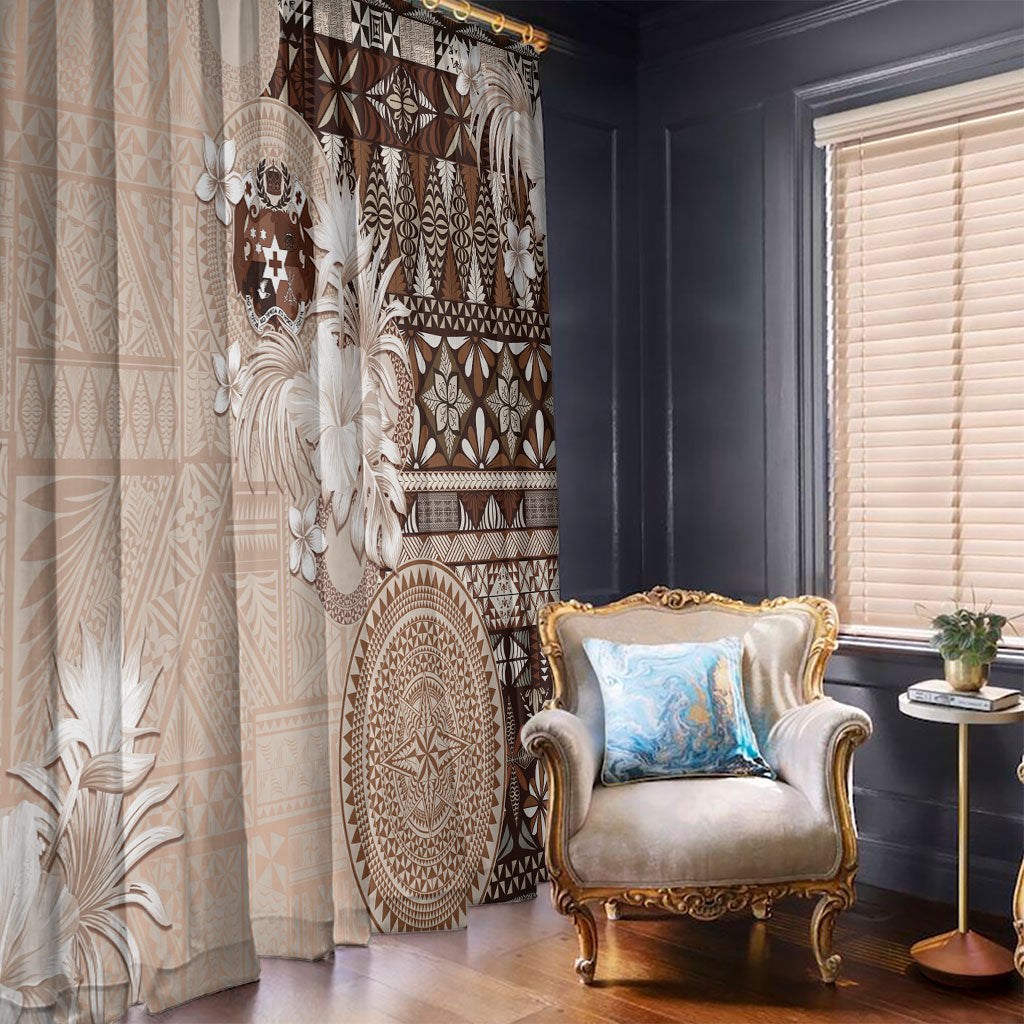 Tonga Ngatu Motifs Window Curtain With Coat Of Arms Beige