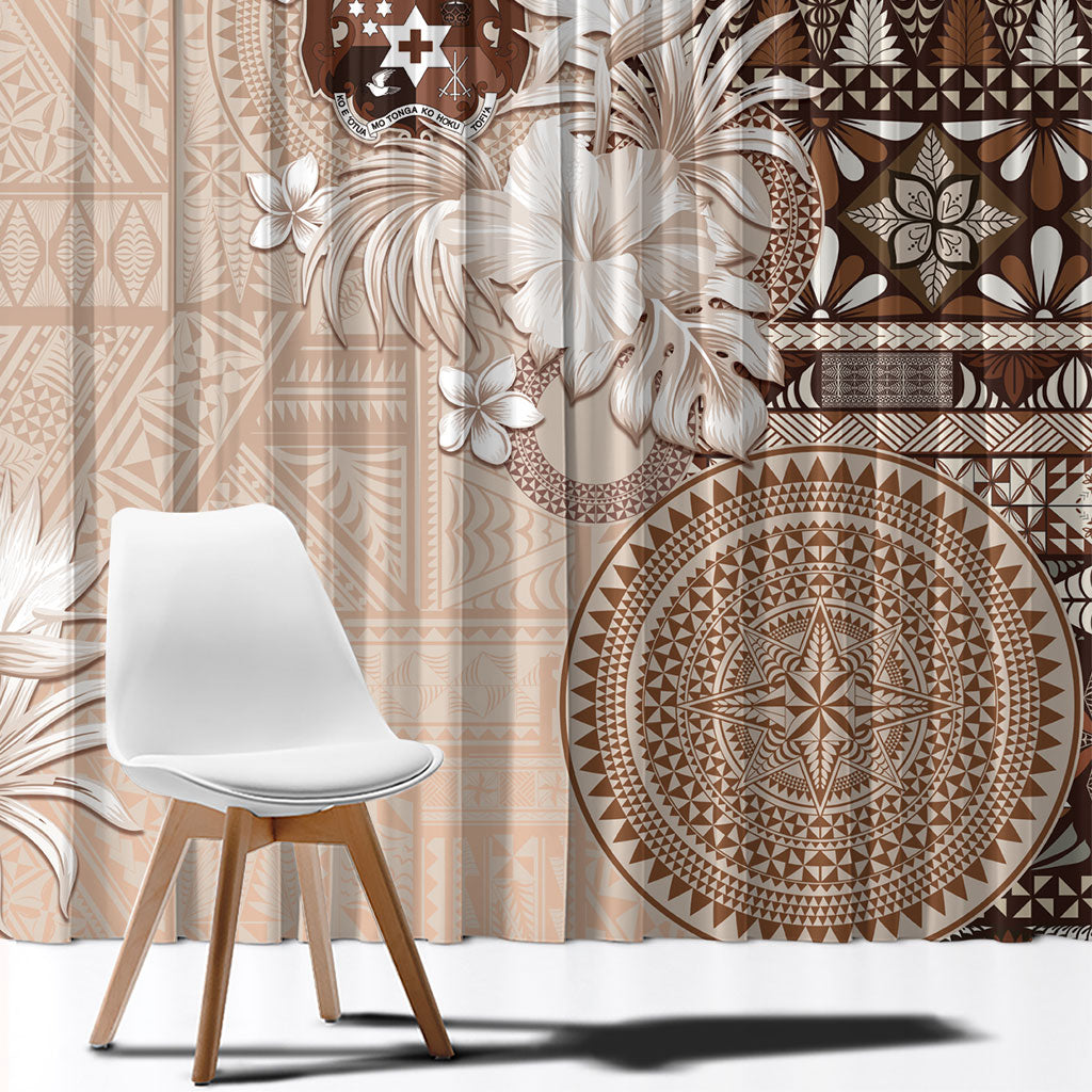 Tonga Ngatu Motifs Window Curtain With Coat Of Arms Beige