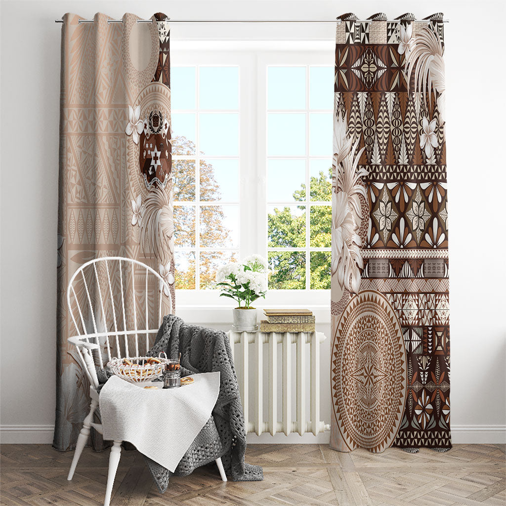 Tonga Ngatu Motifs Window Curtain With Coat Of Arms Beige