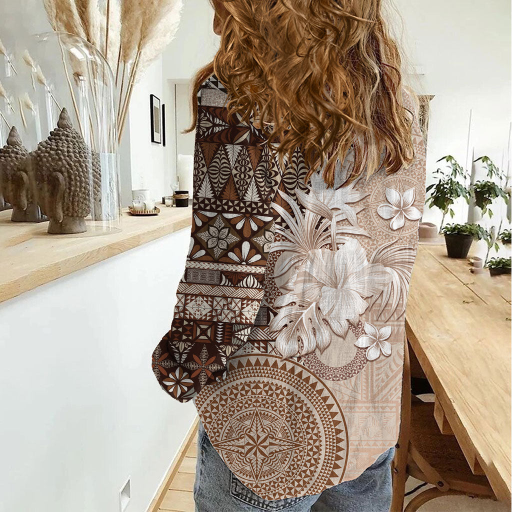 Tonga Ngatu Motifs Women Casual Shirt With Coat Of Arms Beige LT05 - Polynesian Pride