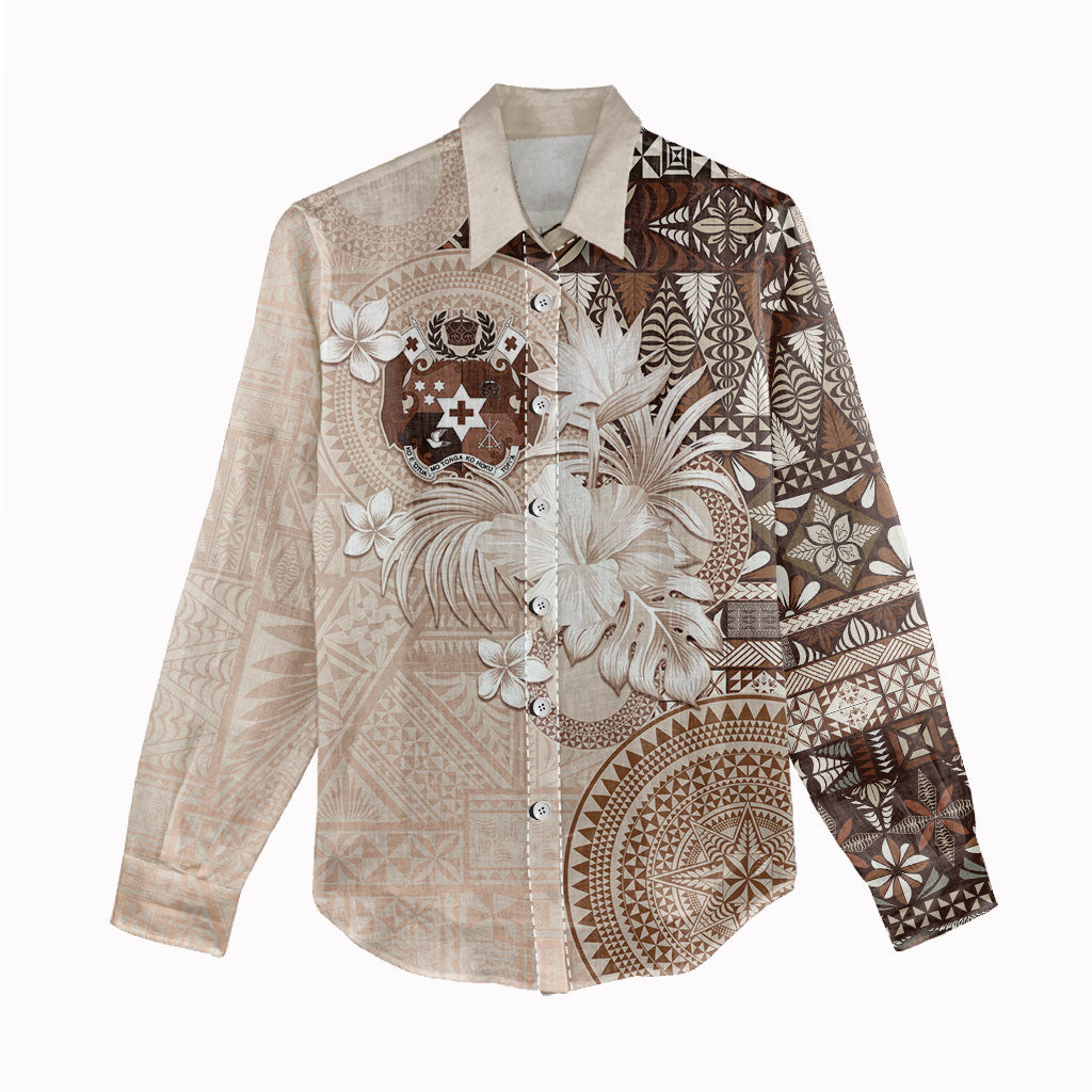 Tonga Ngatu Motifs Women Casual Shirt With Coat Of Arms Beige LT05 - Polynesian Pride