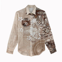 Tonga Ngatu Motifs Women Casual Shirt With Coat Of Arms Beige LT05 - Polynesian Pride