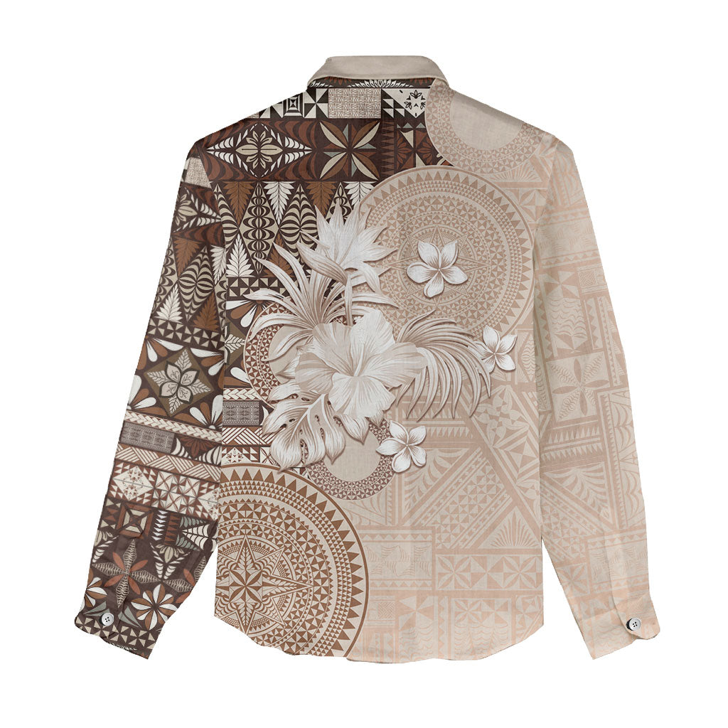 Tonga Ngatu Motifs Women Casual Shirt With Coat Of Arms Beige LT05 - Polynesian Pride