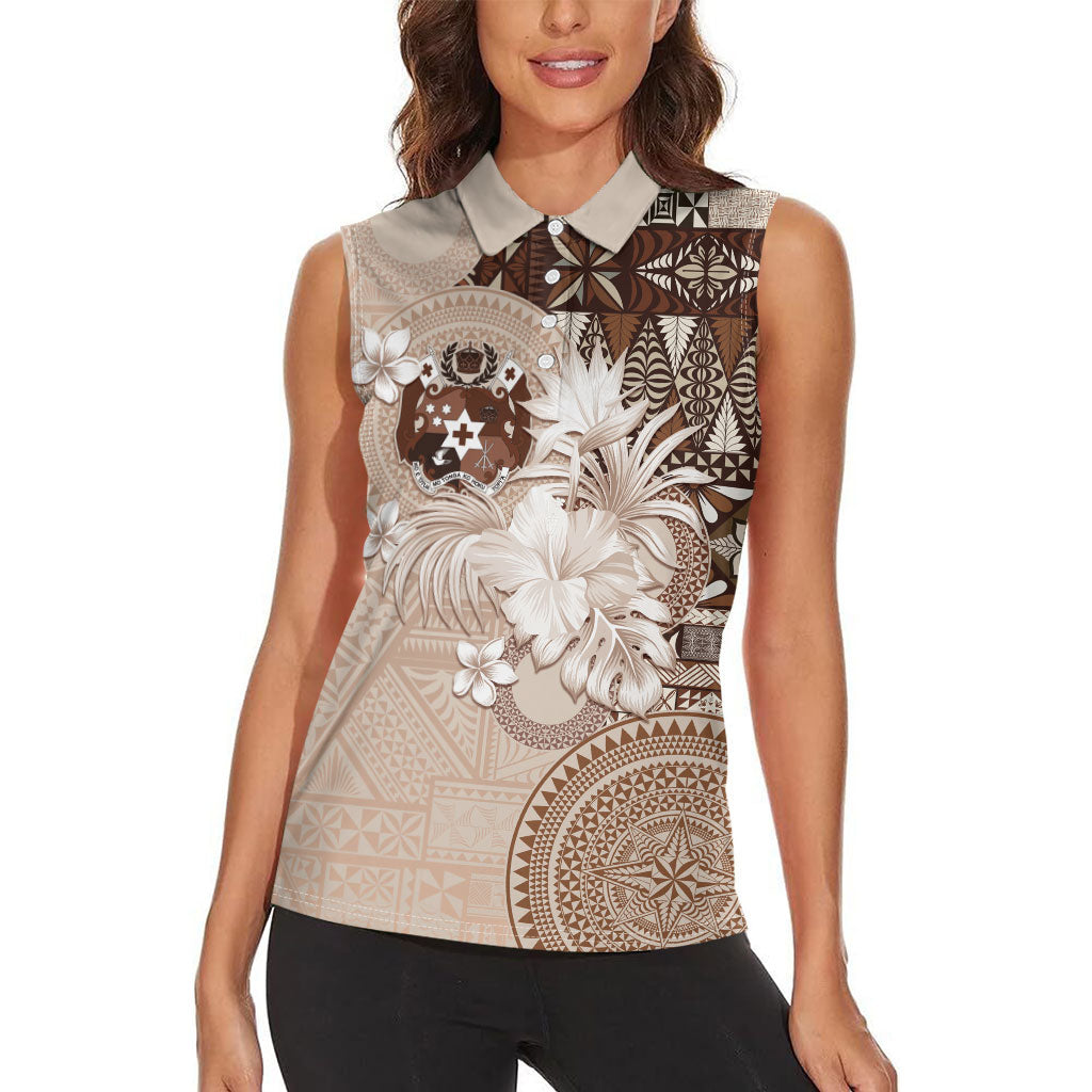 Tonga Ngatu Motifs Women Sleeveless Polo Shirt With Coat Of Arms Beige