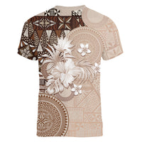Tonga Ngatu Motifs Women V-Neck T-Shirt With Coat Of Arms Beige