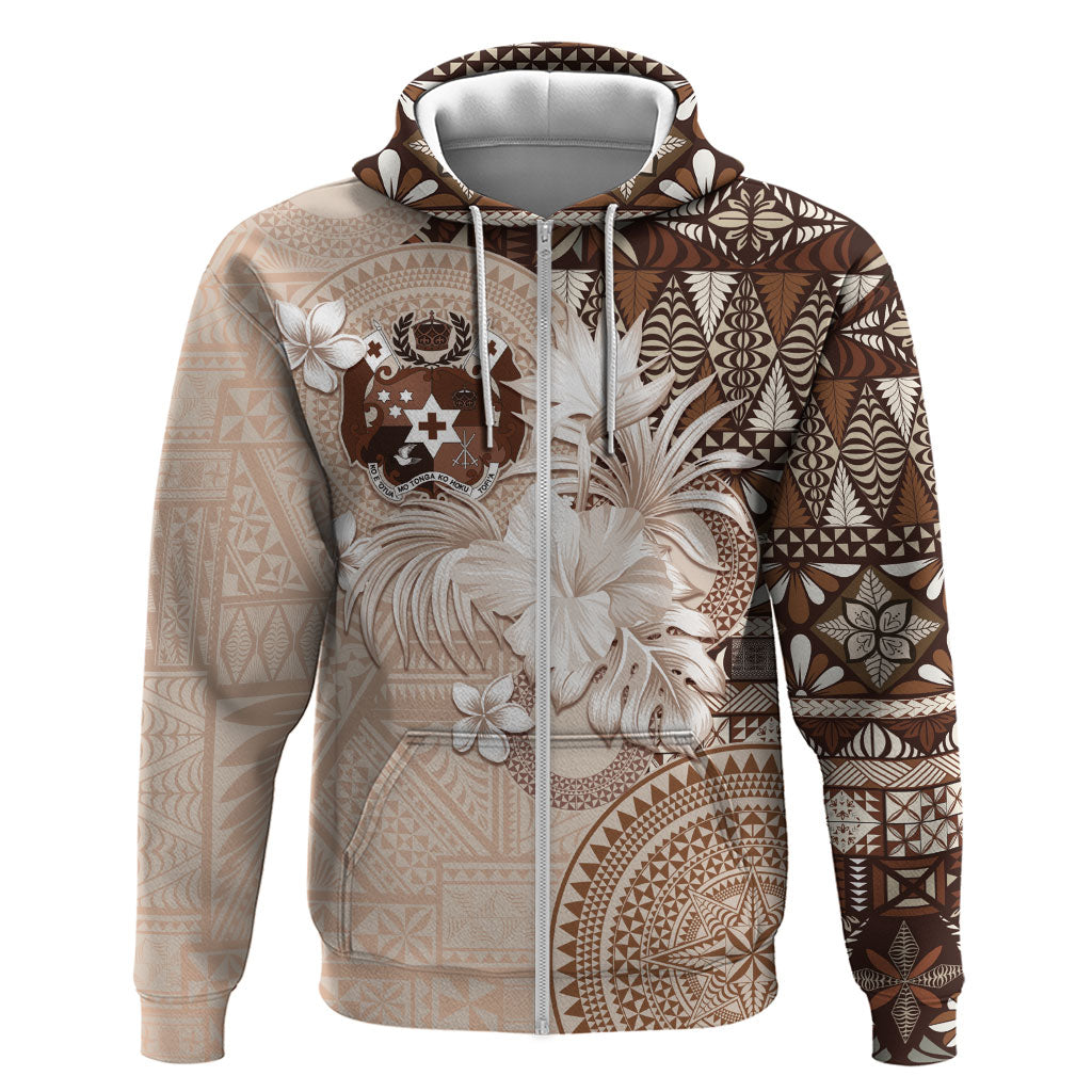 Tonga Ngatu Motifs Zip Hoodie With Coat Of Arms Beige