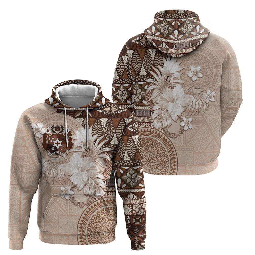 Tonga Ngatu Motifs Zip Hoodie With Coat Of Arms Beige