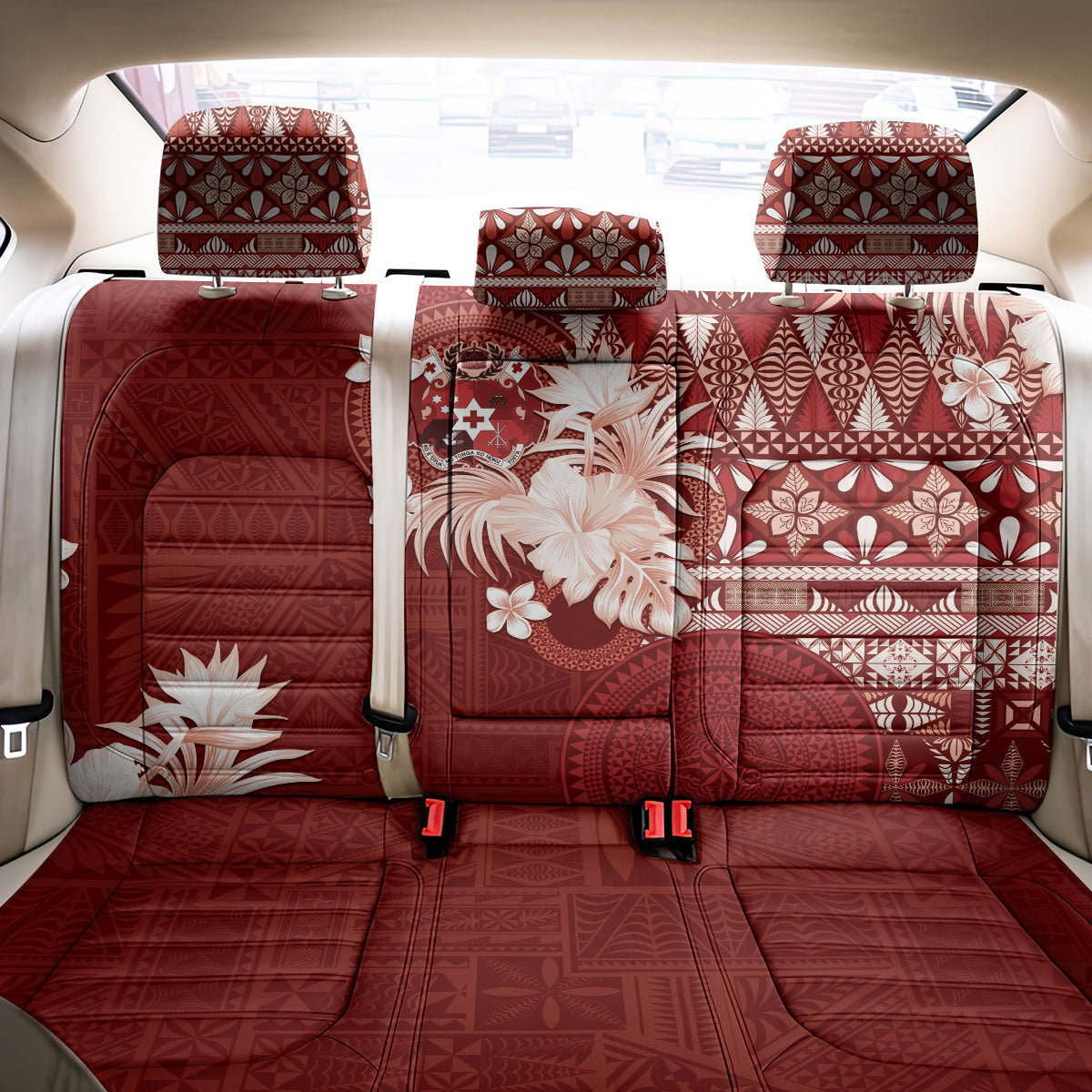 Tonga Ngatu Motifs Back Car Seat Cover With Coat Of Arms Red