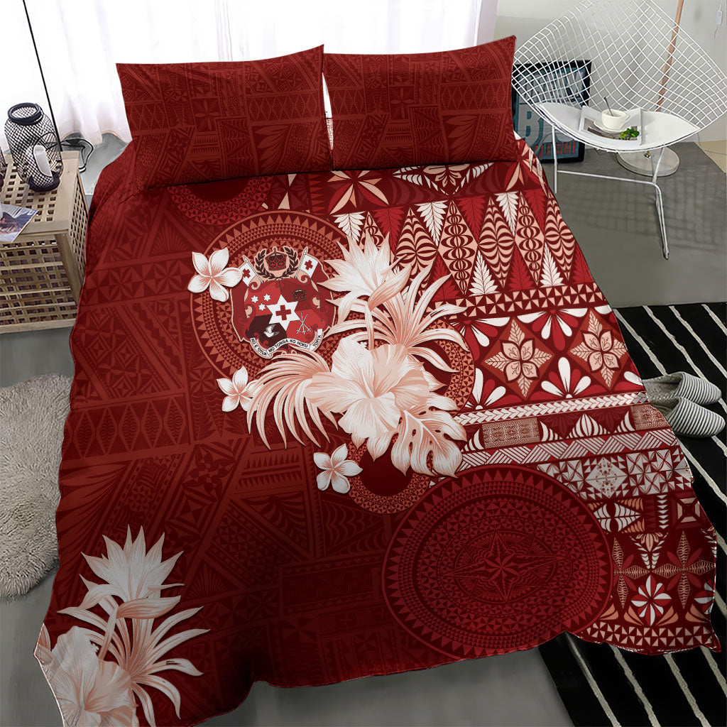 Tonga Ngatu Motifs Bedding Set With Coat Of Arms Red