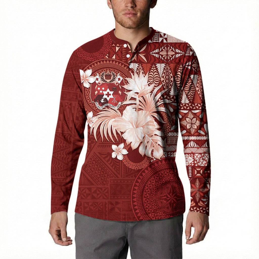 Tonga Ngatu Motifs Button Sweatshirt With Coat Of Arms Red
