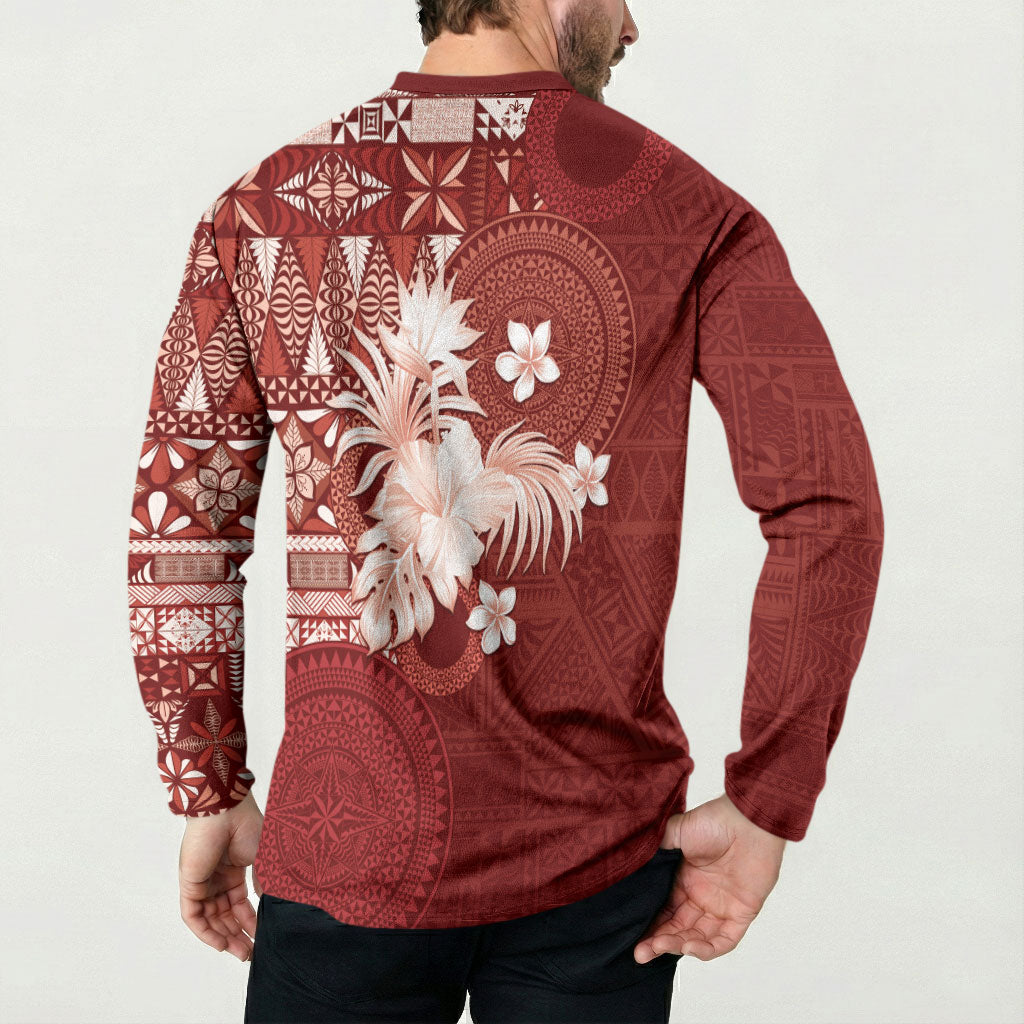 Tonga Ngatu Motifs Button Sweatshirt With Coat Of Arms Red