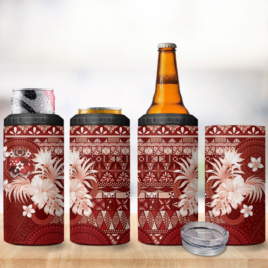 Tonga Ngatu Motifs 4 in 1 Can Cooler Tumbler With Coat Of Arms Red LT05 - Polynesian Pride