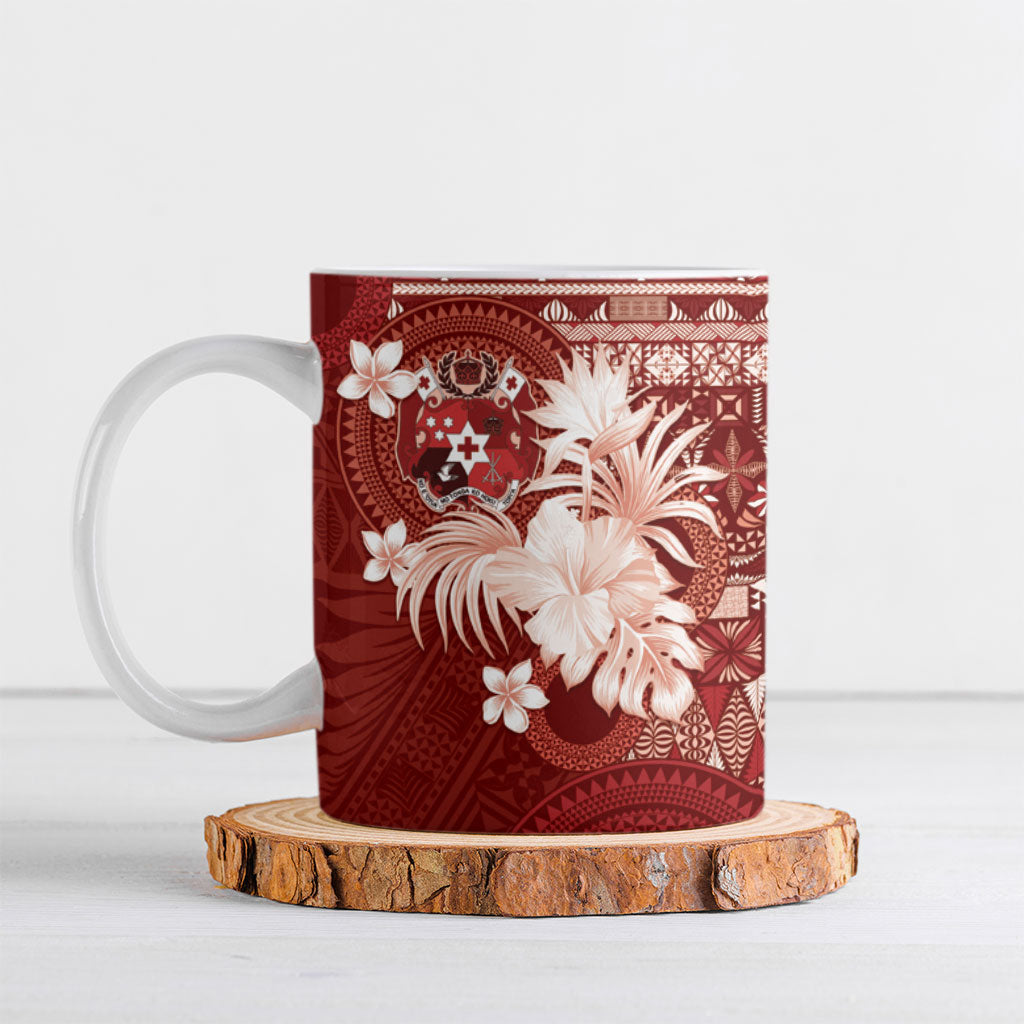 Tonga Ngatu Motifs Ceramic Mug With Coat Of Arms Red