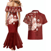 Tonga Ngatu Motifs Couples Matching Mermaid Dress and Hawaiian Shirt With Coat Of Arms Red