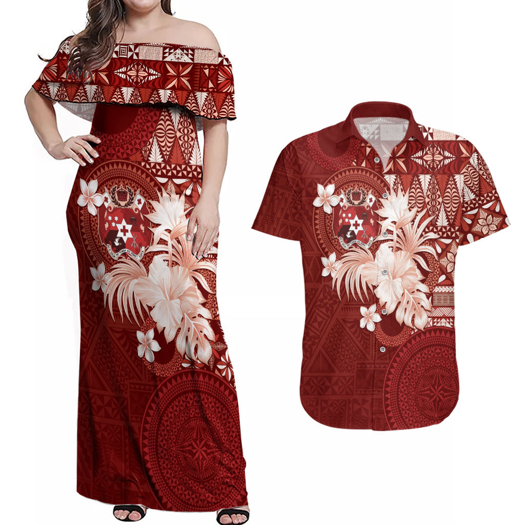 Tonga Ngatu Motifs Couples Matching Off Shoulder Maxi Dress and Hawaiian Shirt With Coat Of Arms Red
