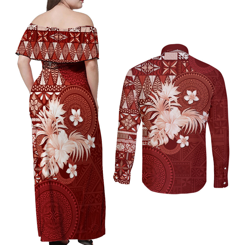 Tonga Ngatu Motifs Couples Matching Off Shoulder Maxi Dress and Long Sleeve Button Shirt With Coat Of Arms Red