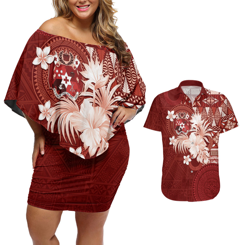 Tonga Ngatu Motifs Couples Matching Off Shoulder Short Dress and Hawaiian Shirt With Coat Of Arms Red