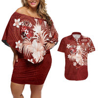 Tonga Ngatu Motifs Couples Matching Off Shoulder Short Dress and Hawaiian Shirt With Coat Of Arms Red