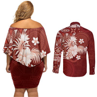 Tonga Ngatu Motifs Couples Matching Off Shoulder Short Dress and Long Sleeve Button Shirt With Coat Of Arms Red