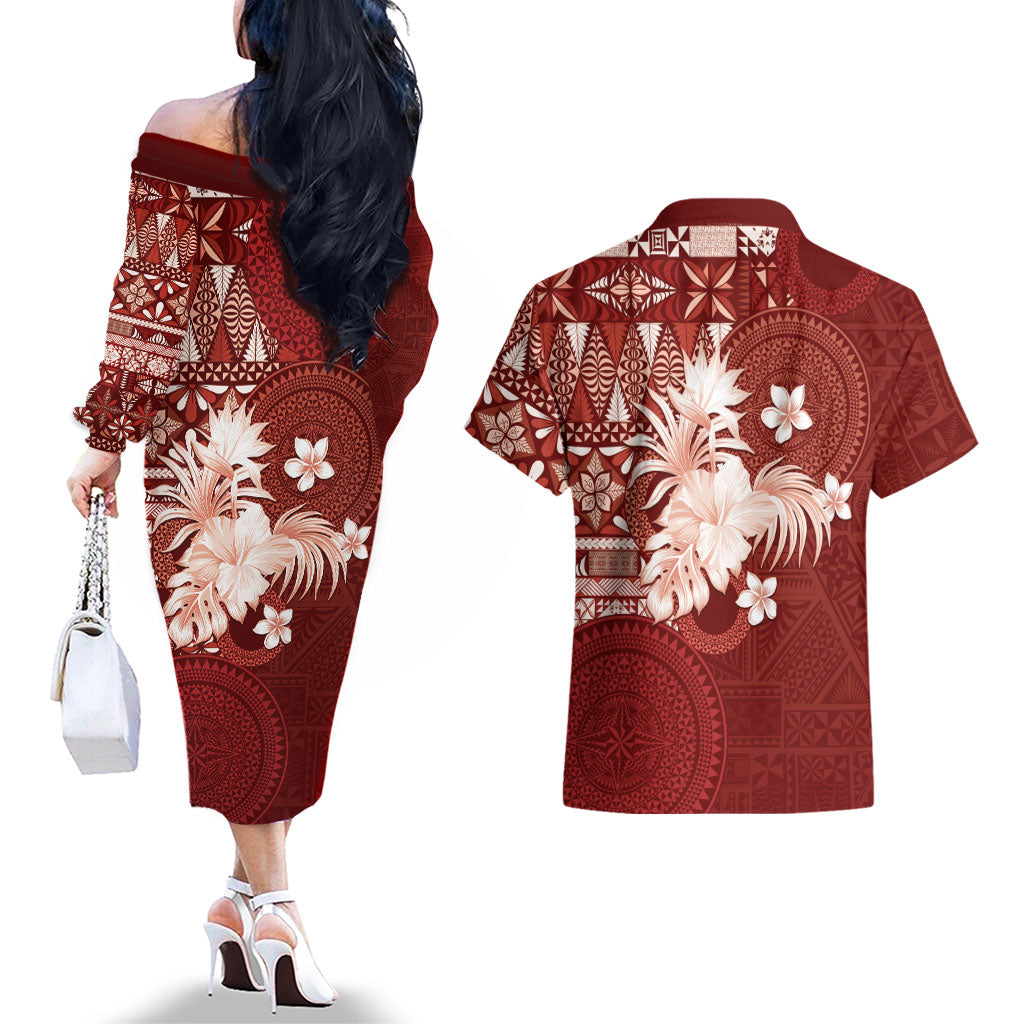 Tonga Ngatu Motifs Couples Matching Off The Shoulder Long Sleeve Dress and Hawaiian Shirt With Coat Of Arms Red
