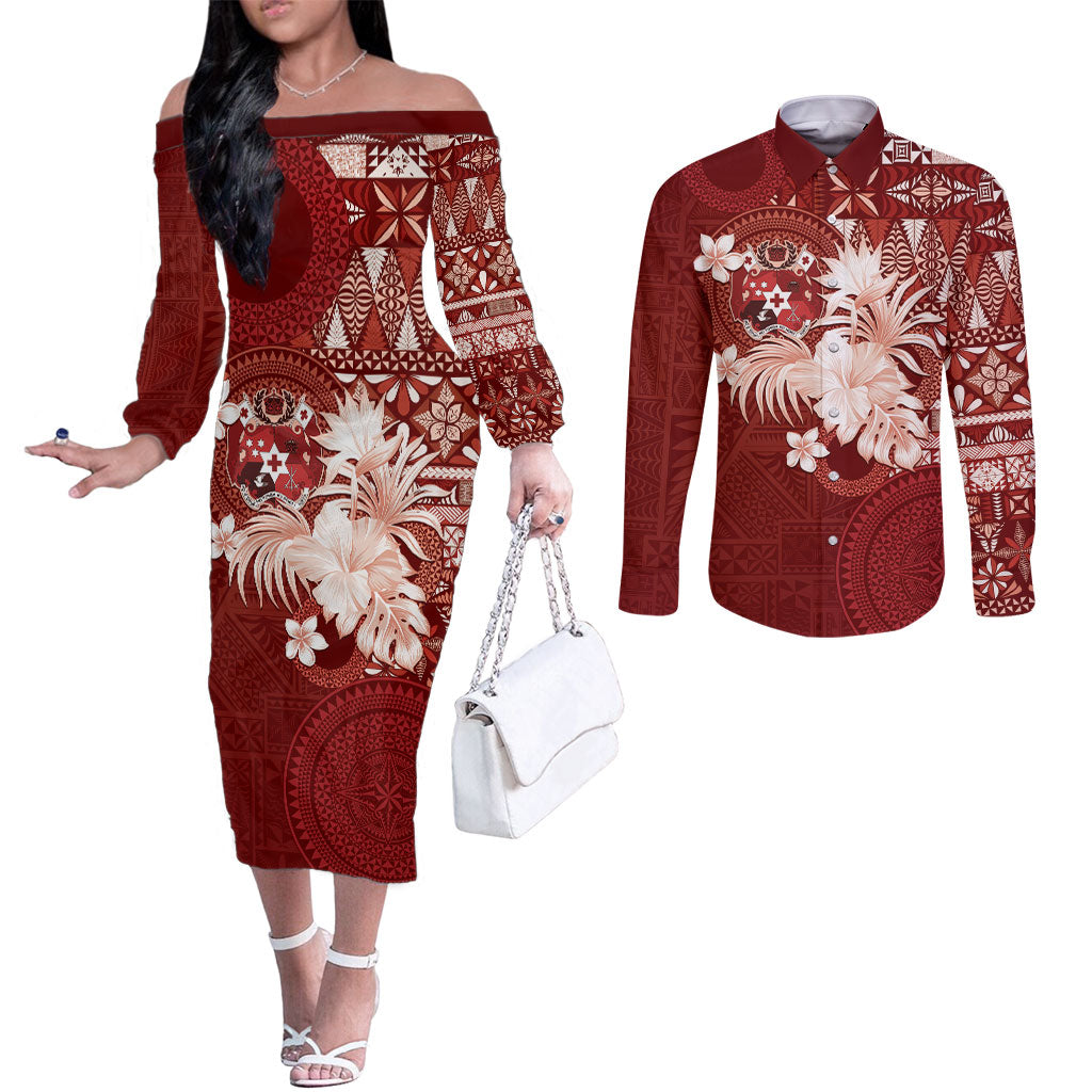 Tonga Ngatu Motifs Couples Matching Off The Shoulder Long Sleeve Dress and Long Sleeve Button Shirt With Coat Of Arms Red