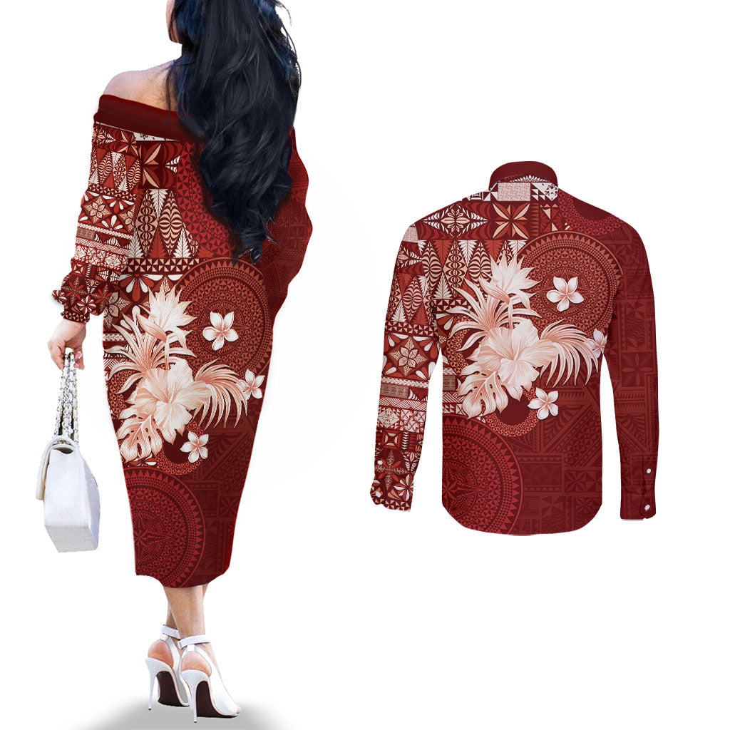 Tonga Ngatu Motifs Couples Matching Off The Shoulder Long Sleeve Dress and Long Sleeve Button Shirt With Coat Of Arms Red